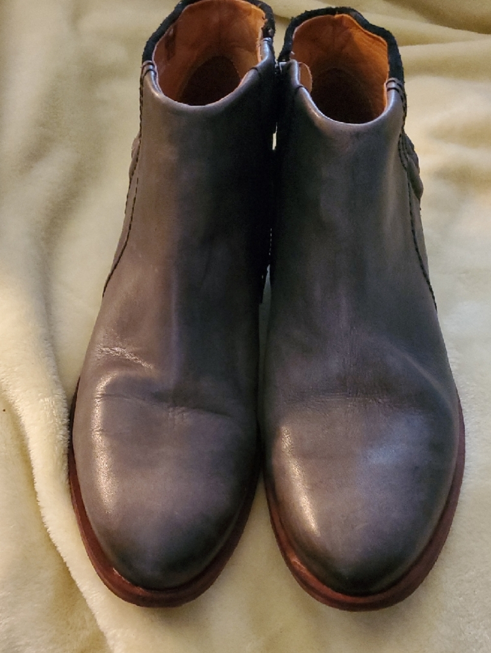 Women's Dark Gray &Black Leather & Suede Ankle Booties with Braid Accent